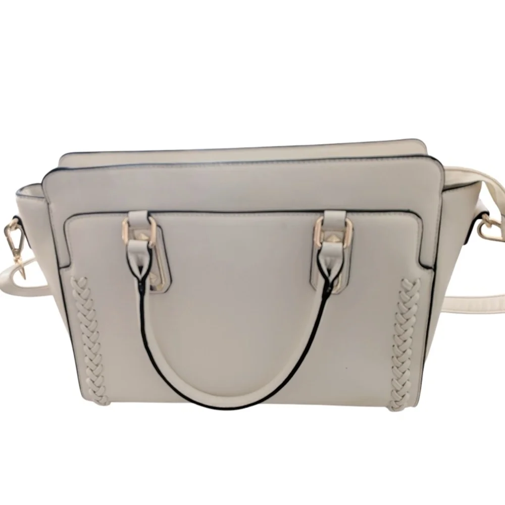 Women's Cream HandBag with Black Trim and Chain Print Linin